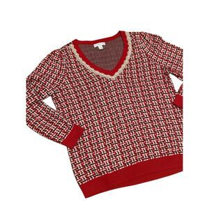 Holiday plaid small‎ pearl vneck red black Old money coquette Sweater preppy